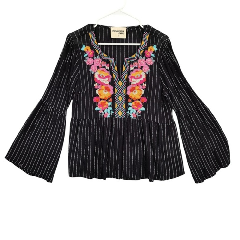 Savanna Jane Womens Folk Whimsigoth Embroidered Bell Sleeve Blouse S Floral Top